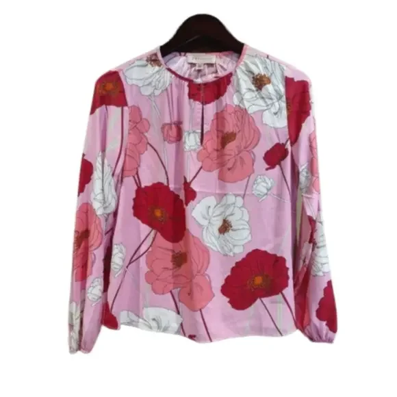 Philosophy Long Sleeved Keyhole Pleated Neckline Pink Floral Iris Print … - Picture 3 of 13